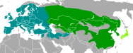 Ареал распространения европейского барсука (бирюзовый цвет) и азиатского (зелёный цвет)